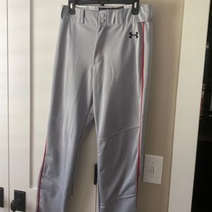 Under Armour Mens Baseball Pants Grey with red piping.